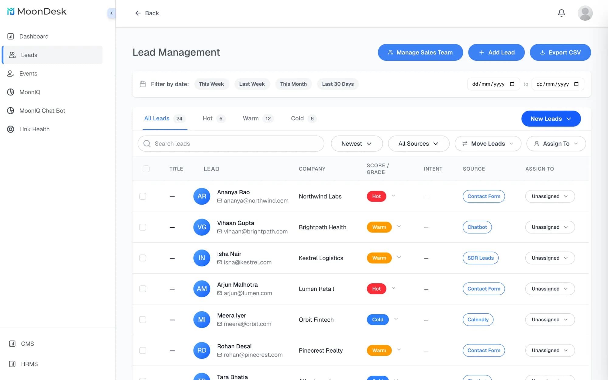 MoonDesk CRM: leads with their score, company and source