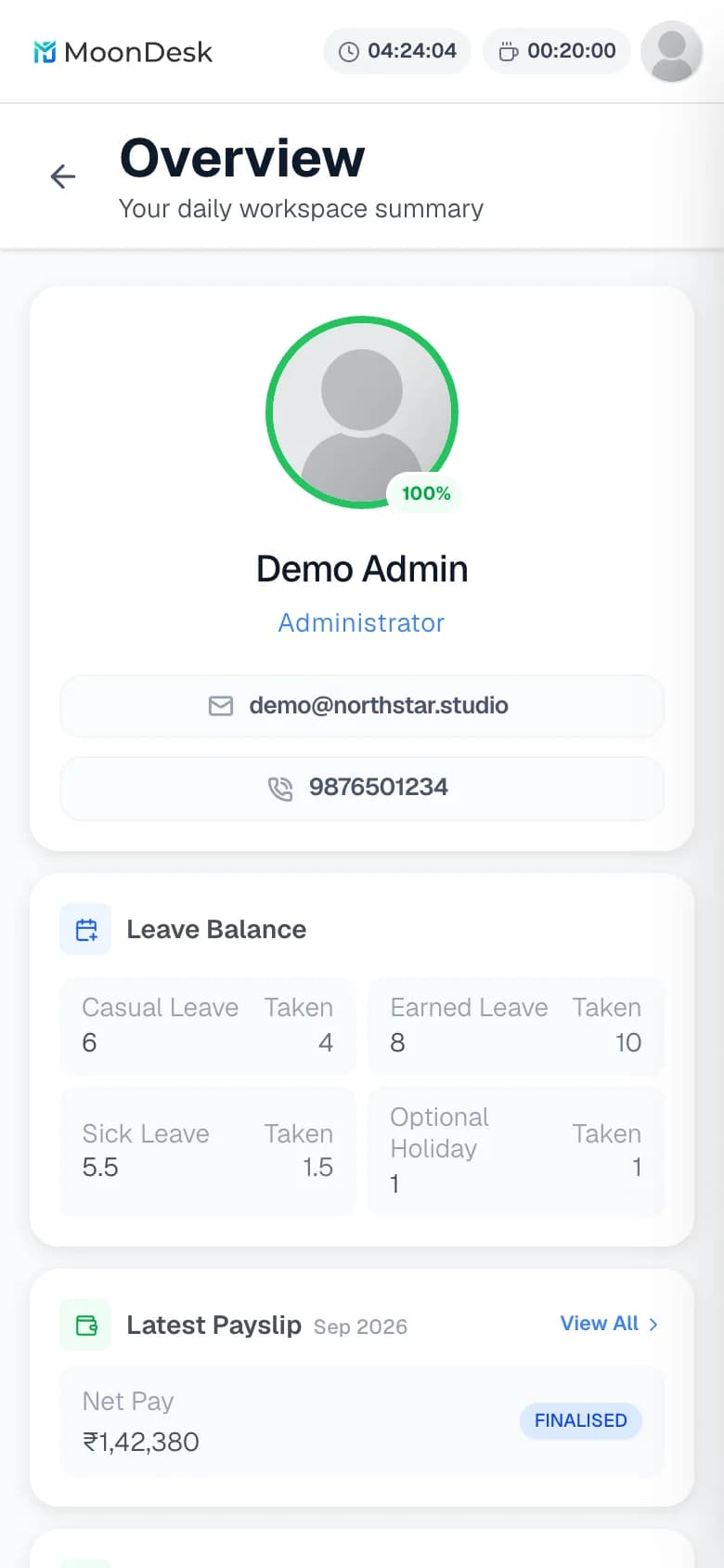 MoonDesk on a phone: the day’s check-in with worked hours